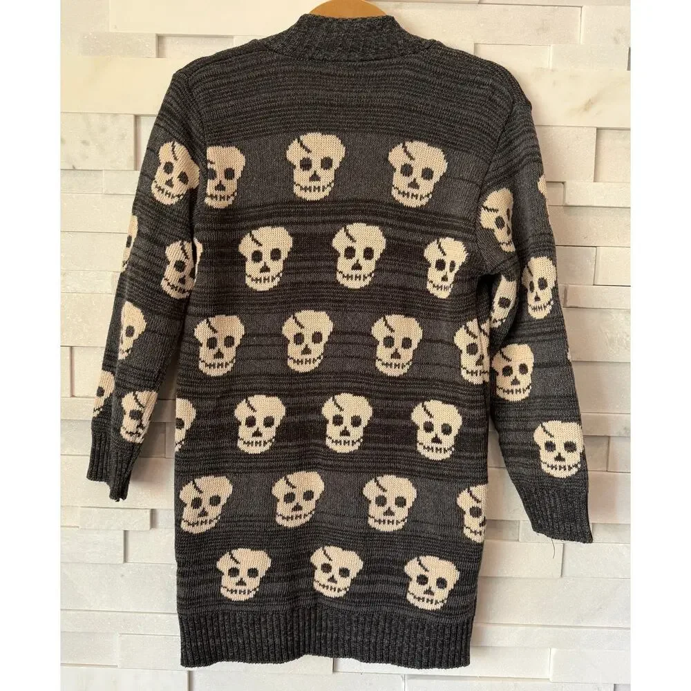 Skull Intarsia Cotton Open Front Cardigan Sweater Gray Beige S Goth Whimsigoth - Picture 2 of 4